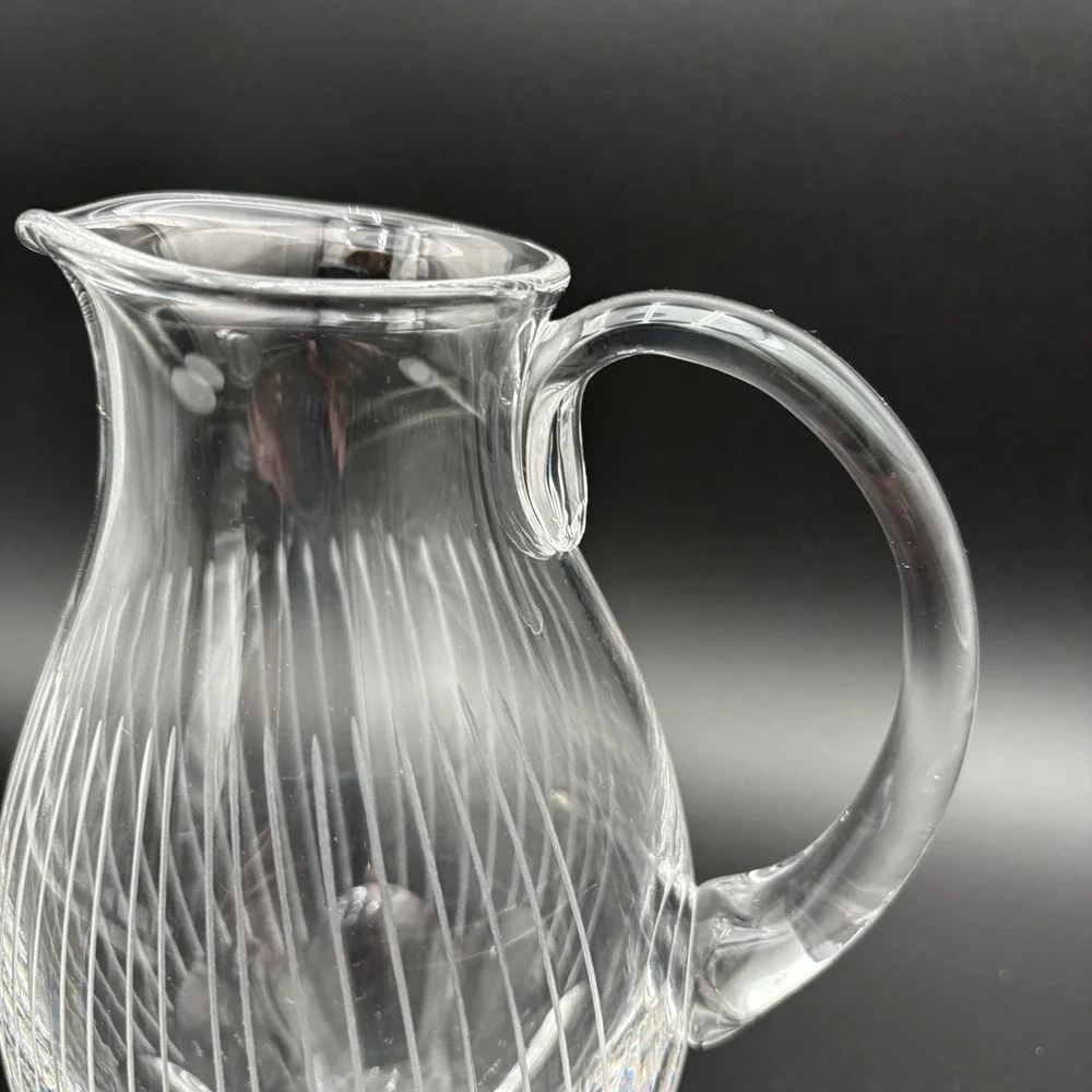 Heavy Crystal Glass Pitcher W/Octagon‎ Bottom Shape  & White Edged Lines 7